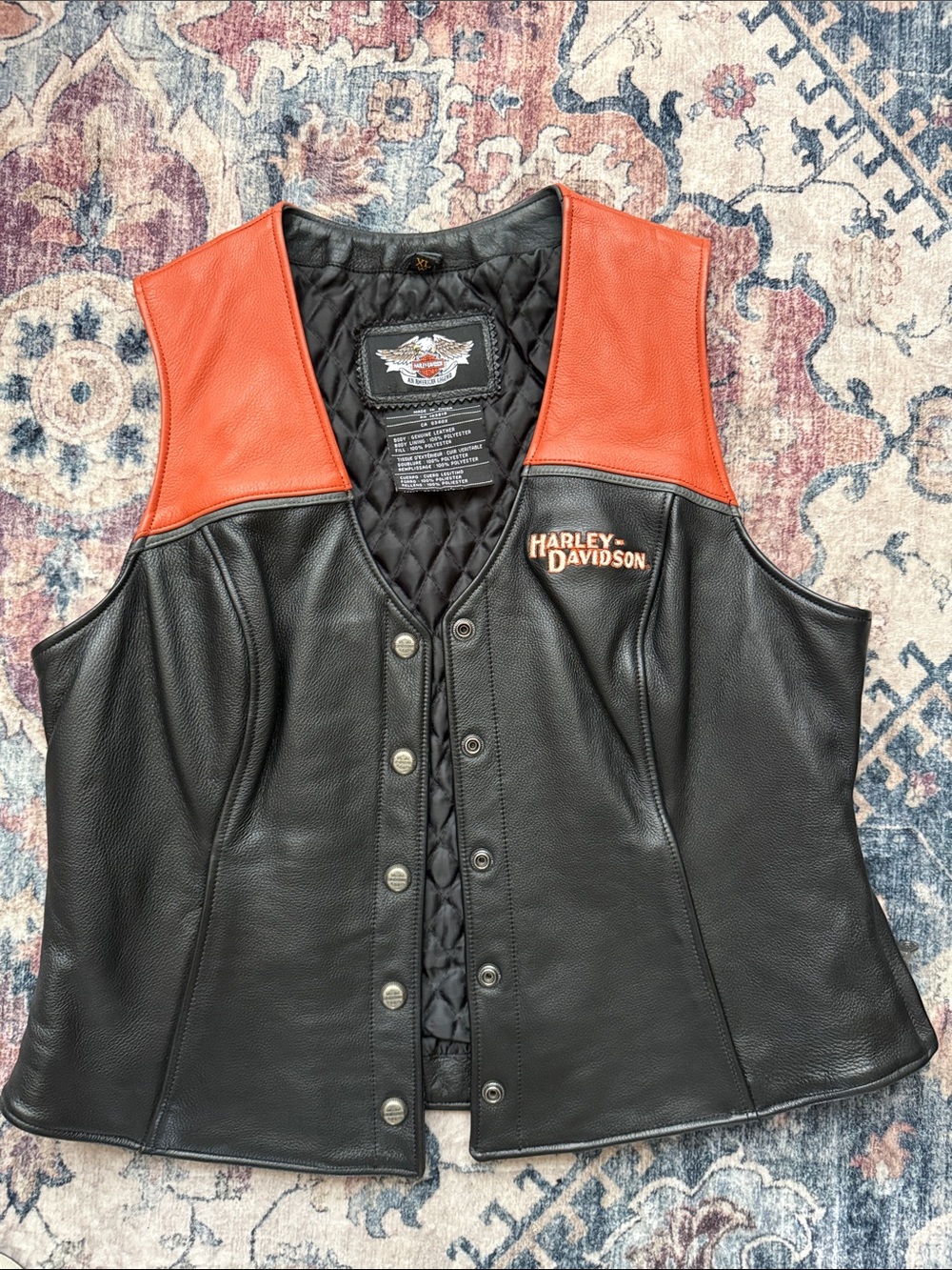 Harley-Davidson Black Leather Vest with Orange Shoulder Panels